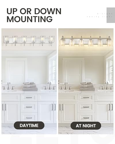 Image of zeyu 6-Light Bathroom Wall Light Fixture, 44 Inch Modern Nickel Vanity Lighting Fixtures for Bedroom, Brushed Nickel Finish with Clear Glass Shade, ZSL72B-6W BN
