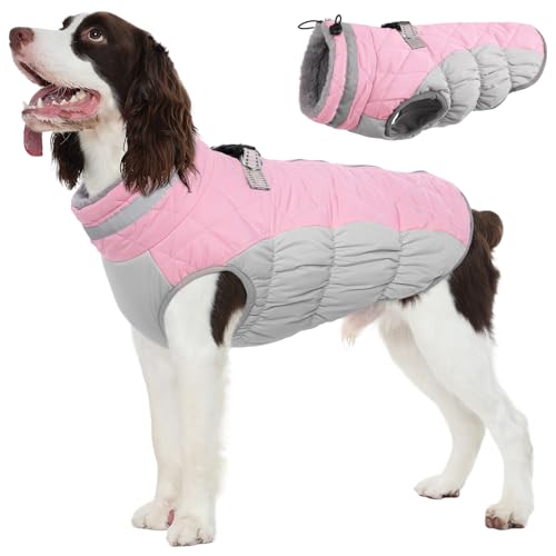 Image of FUAMEY Dog Cold Weather Coats Reflective Dog Warm Jacket with Harness | Fleece Winter Coat for Large Dogs Snow Puffer Vests with Zipper Reflective Turtleneck Jackets for Winter Pink XL