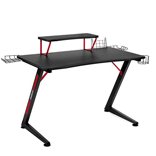 GTPLAYER Gaming Desk Office Computer Desk Z-Shape Frame Equipped with speaker&CD holder/cup holder/tablet holder/power strip holder and monitor stand