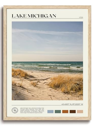 KISSFOX OAK Wood Framed Wall Art Lake Michigan Wall Decor Coastal Canvas Art Beach Pictures Landscape Paintings Travel Posters Aesthetic Artwork For Bedroom Office Living room