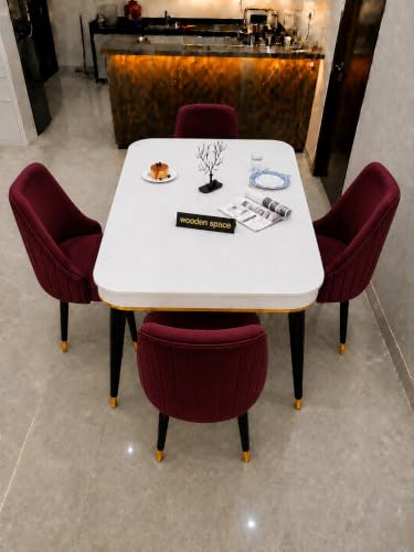Image of WOODEN SPACE 4 Seater Wooden Dining Table Set | Urban Marble Top Dining Table with Chairs for Dining Room & Kitchen (Modern Infinity Maroon) (54 x 36 x 30 inch)