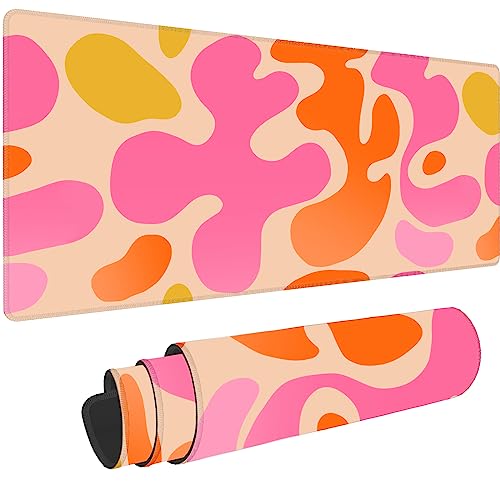 Boho Pink Desk Mat Modern Abstract Cute Large Mouse Pad XL 31.5x11.8in 3mm Non-Slip Rubber Base Extended Kawaii Pink Mousepad Stitched Edges Keyboard Mouse Mat Desk Accessories for Women Office Decor