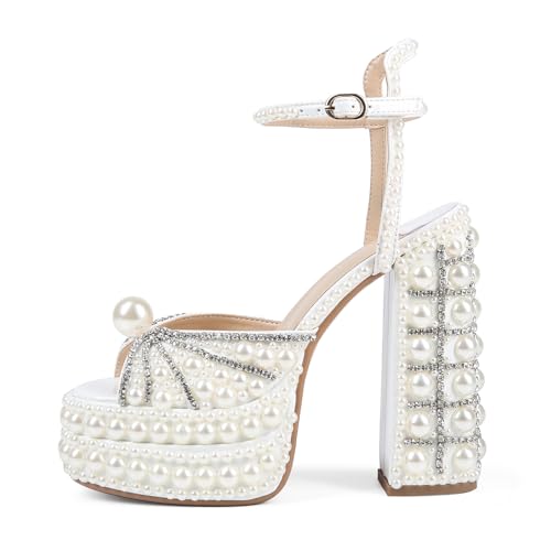 Saint Leia Women's Platform High Heels Square Open Toe Pearl Heels Buckle Rhinestones Summer Elegant Sandals2