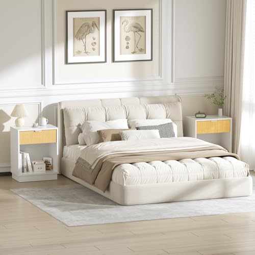 Image of Fluted Night Stand Set 2, Large Wood Bedside Table Set of 2 Nightstands Set of 2 with Drawer and Storage Shelf for Bedroom, Small Spaces