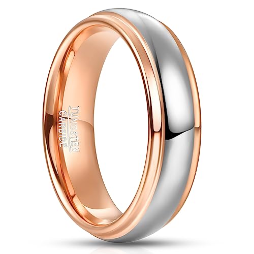 NUNCAD Bague Femme Homme Argent et Or Rose, Anneau en Tungstène Bague de Promesses Mariage Fiançailles Alliance pour Couple 6mm Taille 65(20.7)