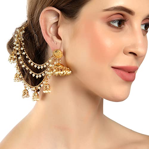 Zeneme Traditional Brass 18 K Gold Plated Wedding Jewellery Bahubali Inspired Long Chain Jhumki Earrings for Women and Girl