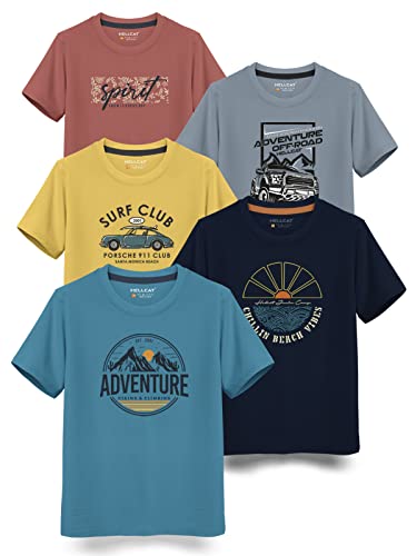 Image of HELLCAT Boys Round Neck Printed Blended Cotton Tshirt -Combo Pack of 2 - Orange /Blue