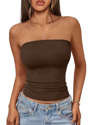AUTOMET Womens Strapless Bandeau Tube Tops Stretchy Summer Chocolate S
