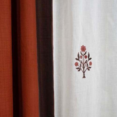 Image of Peepul Tree Pure Cotton and fine Mulmul Curtain Set of 2 Handwoven and 2 Sheer Curtain | Rust and Maroon | 7 ft | Set of 4 Curtains | Royal Courtyards Collection