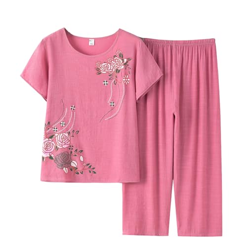 Image of FindThy Women's 2 Piece Linen Outfits Short Sleeve Floral Print Lounge Sets Crewneck Summer Suits
