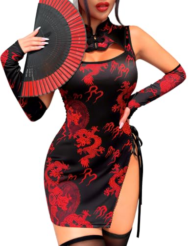 Image of Alrovetoney Sexy Lingerie Fantasy Costume Sexy Series Printed Cut-Out Slit Women's Costume Red S-XXL