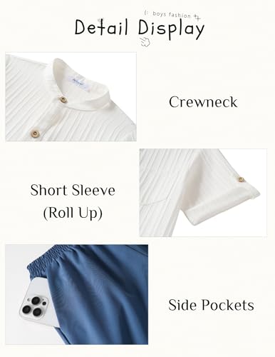 Image of Arshiner Boy's 2 Piece Beach Outfit Short Sleeve Textured Button Down Shirt and Short Sets Summer Vacation Wear 4-12 Years