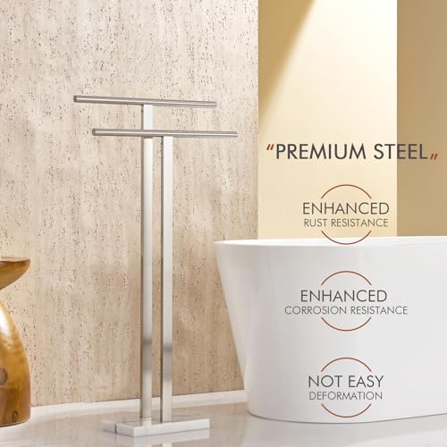 Image of KOKOSIRI Towel Rack Free Standing Brushed Nickel 2-Tier Towel Holder for Bathroom Floor Stand with Heavy Marble Base Thicken Steady Design Stainless Steel THS0005-BR