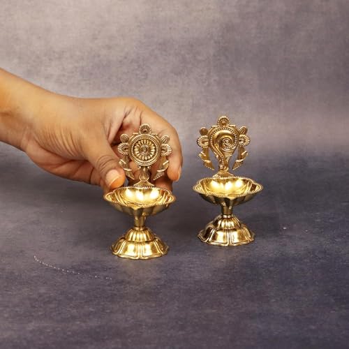 Image of EAC Pure Brass Shanku Chakra Diya, Shanku Chakra Deepalu for Home Temple Office Decor & Diwali Gifting (4.5 inch, Set of 2)