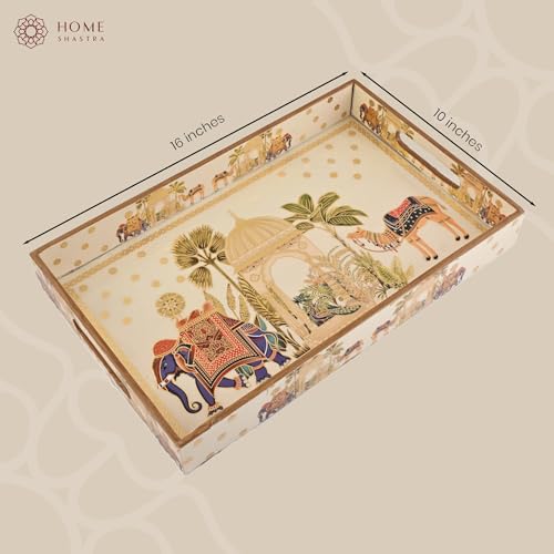 Image of Wooden Serving Tray with Gold Engraving | Set of 1 | Size : 16 x 10 inch | Enamel Coated Waterproof | Rectangular | Decorative Trays | Royal Camel Large