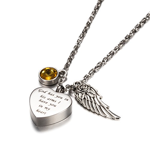 AMIST God Has You in His Arms Cremation Urn Necklaces for Ashes Keepsake with Birthstone and Memorial Angel Wing includes Ash Filling Tool Kit