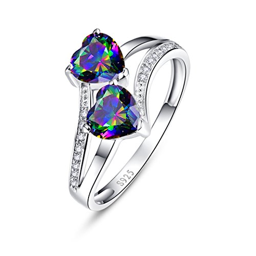 Zetaur 925 Sterling Silver Created Rainbow Topaz 2 Stone Heart Cut CZ Pave Split Shank Ring Wedding Engagement Anniversary Statement Eternity Ring