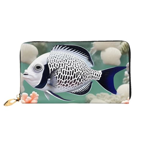 TYUMHWhite Tropical Fish Leather long clutch wallet with 12 card slots and 3 full pockets for cash, designed for fashionable women.