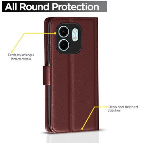Image of Pikkme Flip Cover Leather Finish | Inside TPU with Card Pockets | Wallet Stand and Shock Proof | Complete Protection Button Flip Case for Infinix Smart 9 HD(Brown)