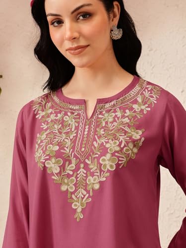 Image of QAZMI Women's Naila Kashmiri Aari Embroidered Viscose Rayon Full Sleeves A-Line Short Kurti