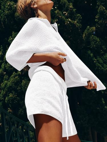 Image of Tankaneo Womens Sweater Set 2 Piece Outfits Oversized 3 /4 Sleeve V Neck Knit Tops High Waisted Shorts Lounge Sets