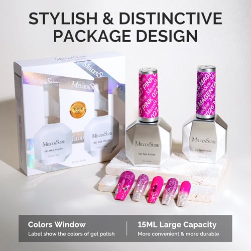 Image of MelodySusie Thick Gel Nail Polish Set- 2 Pcs 15ML Hot Pink & Hot Pink Glitter Gel Polish Set Soak Off UV LED Christmas Gift for Women Nail Art Manicure Salon DIY Nail Design Decoration at Home