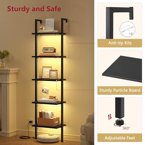 Tajsoon 5 Tier Ladder Shelf with Light, Wooden Wall Mounted Book Shelf, Ladder Bookshelf with Metal Frame, Wall Mounted Ladder Bookshelf for Office, Living Room, Bedroom, Black - Image 6
