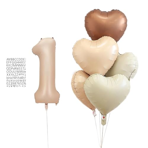 XL 80cm Ballon Chiffre 1 Beige Avec 5pcs Coeur Ballon Helium Coeur Pour Anniversaire Mariage Décoration Avec Stickers Lettres Numériques Noires
