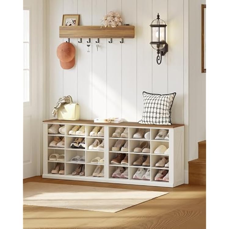 Hzuaneri Farmhouse Shoe Storage Bench, Entryway Shoe Cubby Bench, Widened Wooden Shoes Cubbies with Compartments, Shoes Rack Benchs for Cloakroom, Entryway, Antique White SB52514B