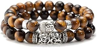 Moneekar Jewels Men's Leather Tiger Eye & Lava Rock Healing Bracelet