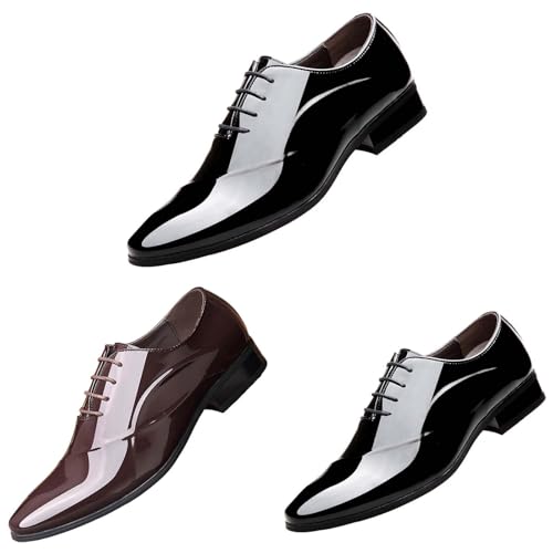 Zapatos Oxford de charol para hombre, clásicos, con cordones, cómodos, forro de piel suave, puntera puntiaguda, zapatos de tacón bajo para vestido formal de negocios con suela antideslizante, Black