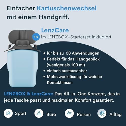 LENZBOX® Soft Set inkl. 3x LenzCare - Premium All-In-One Kontaktlinsenbox für weiche Kontaktlinsen, Kontaktlinsenbehälter mit Flüssigkeit, reisetauglich & kompakt, Made in Germany, Farbe Blau