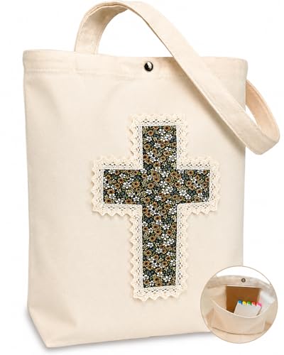 Image of Christian Tote Bag Gift for Women, Canvas Bible Bag Handmade Floral Cross | Christian faith-inspired gift, handcrafted cross with lace, inner pocket, snap closure, bottom gusset, church Bible study use