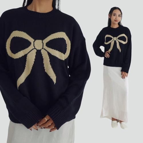 Image of Women Cute Bow Knit Sweater Y2k Long Sleeve Crew Neck Knitted Pullover Top Oversized Going Out Fall Winter Knitwear