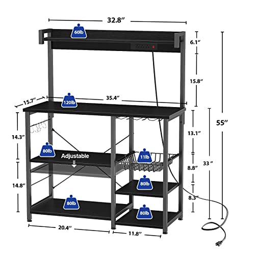 Topfurny Bakers Rack With Power Outlet, Microwave Stand, Kitchen Storage Shelf With Wire Basket, Coffee Bar Station With Wine Glass Holder, 35.4" Kitchen Stand Rack For Spices, Pots, And Pans, Black #TOP2