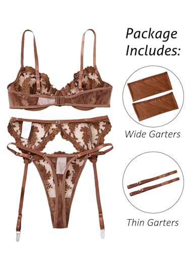 Image of Lilosy Sexy Leaf Floral Embroidered Mesh Sheer Women Underwire Push Up Lingerie Set