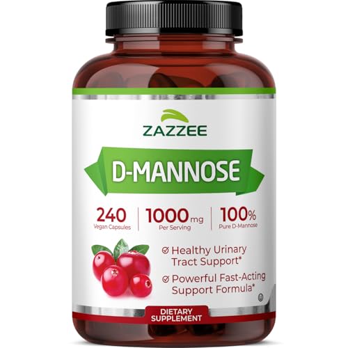 Zazzee D-Mannose 1000 mg per Serving 240 Vegan Capsules 4 Month Supply Potent & Fast-Acting Certified Kosher 100% Pure All-Natural Urinary Tract Health Support 100% Vegetarian Non-GMO