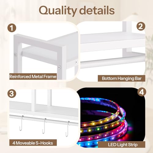 Image of HOOBRO Gaming Floating Shelves with LED Lights, 28.7 inch LED Wall Mounted Shelf, 4-Tier Floating Wall Shelf for Storage, Display Rack with Hanging Bar and 4 S Hooks, for Gaming Room, White WT37DBJ01