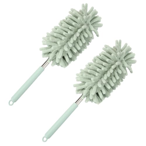 2PCS Car Interior Duster with Extension Pole – Washable Microfiber Dusters Detailing Brushes with Bendable Head, Long Handle Cleaning Duster Tool for Car Dash, Vents, Window, Furniture, Office (Green)