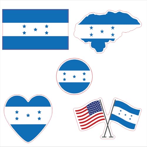 Image of Set of 5 National Flag Themed Sticker Decal of Flag, Country Map, Circular Shape, Heart Shape and with USA Flag for Car, Phone, Laptop, Mug, Bottle, Textbooks (Honduras)
