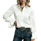 CHERRYBETTY Women's White Floral Embroidery Blouse Ruffled Cuff Boho Shirt Long Sleeve Button-Down Top