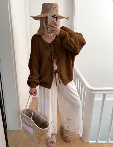 Image of SKIKYAN Women Bowtie Oversized Knit Sweater Cardigan Y2K Long Sleeve V Neck Open Front Casual Knitwears