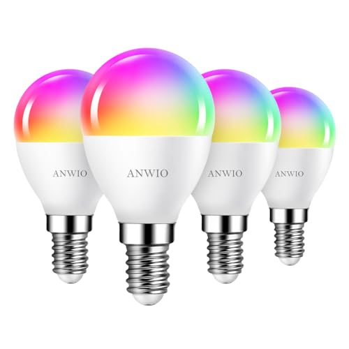 ANWIO 4x Bombillas Inteligentes E14 5W LED RGB Bluetooth WiFi, P45 Equivalente a 40W, 470 Lúmenes, Funciona con Alexa, Google Home y Smart Life.