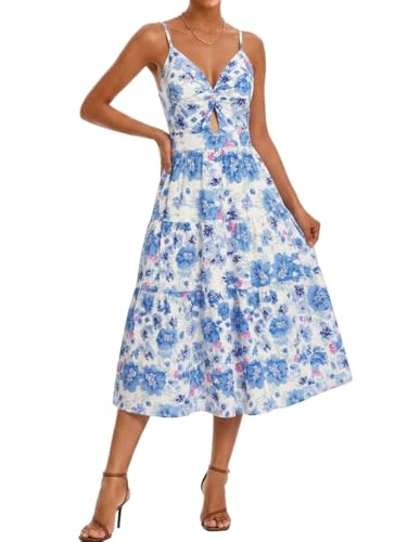 Image of Angashion Women's Dresses-Summer Floral Bohemian Spaghetti Strap Button Down Swing Midi Dress