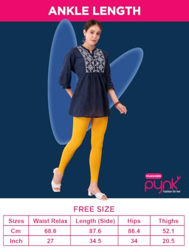 Image of PYNK Solid Premium Cotton Lycra Ankle Length Leggings for Women| Regular Fit Elastic Waist Ankle Length /Cropped Length Leggings for Women |Leggings Women Ankle Length | Free Size