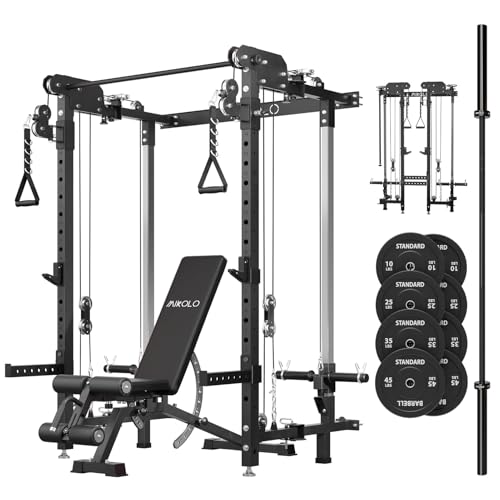 Mikolo Folding Squat Rack, Wall Mounted Power Rack with Cable Crossover Machine & LAT Pull Down, Functional Trainer with 5 Adjustable Function Modes, with Weights (Black)