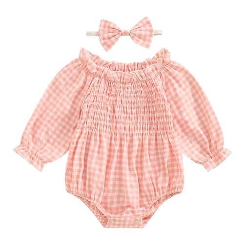 Image of Aiwpstoin Infant Baby Girl Bubble Romper Boho Clothes Long Sleeve Cotton Smocked Jumpsuit Outfit with Headband
