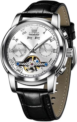 Image of OLEVS Mechanical Dress Mens Watches Square Brown Leather Strap Moon Phase Skeleton Tourbillion Day Date Waterproof Luminous Men's Wrist Watches