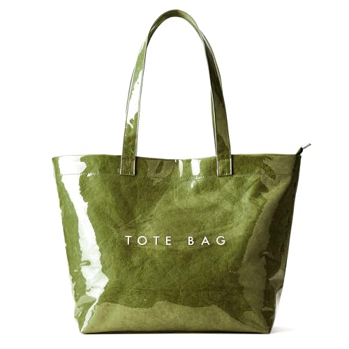 KALIDI PVC Zipper Tote Bag, Kraft Paper Beach Bag Large Hobo Carry All Travel Shopping Handbag Plastic Shoulder Bag (Grass)