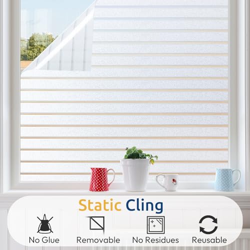 rabbitgoo Window Privacy Film, Frosted Glass Privacy Film, Window Frosting Cling for Glass, Non Adhesive Static Cling Front Door Covring, Anti-UV Reeded Blinds Sticker, Striped Pattern, 17.5" x 78.7"